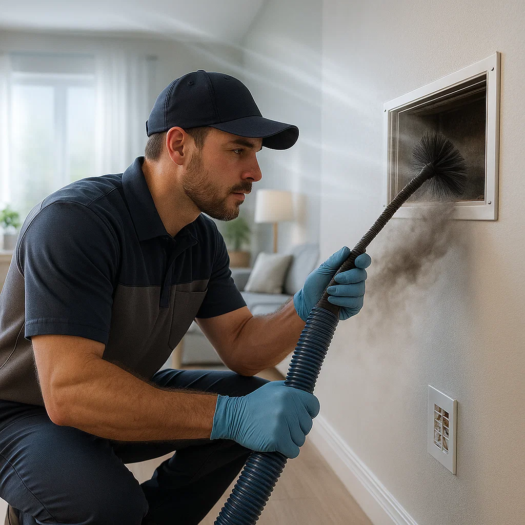 Sienna Plantation TX technician performing full system air duct cleaning with negative air vacuum and brushing